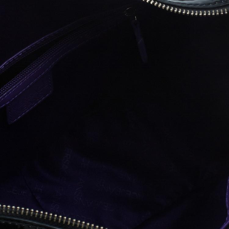 Pre Owned Versace Jeans Black Leather and Python Large Zip Studs Hobo