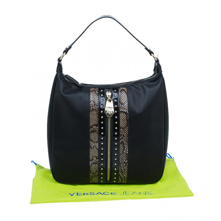 Pre Owned Versace Jeans Black Leather and Python Large Zip Studs Hobo