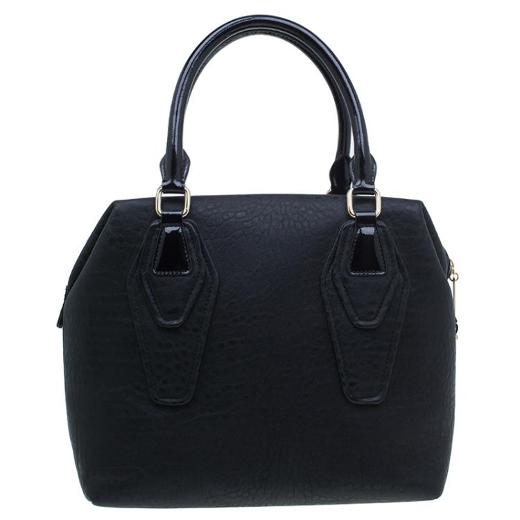 Pre Owned Versace Jeans Black Crinkled Leather Logo Charm Tote