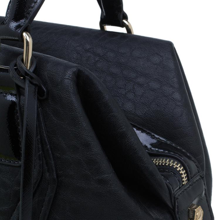 Pre Owned Versace Jeans Black Crinkled Leather Logo Charm Tote