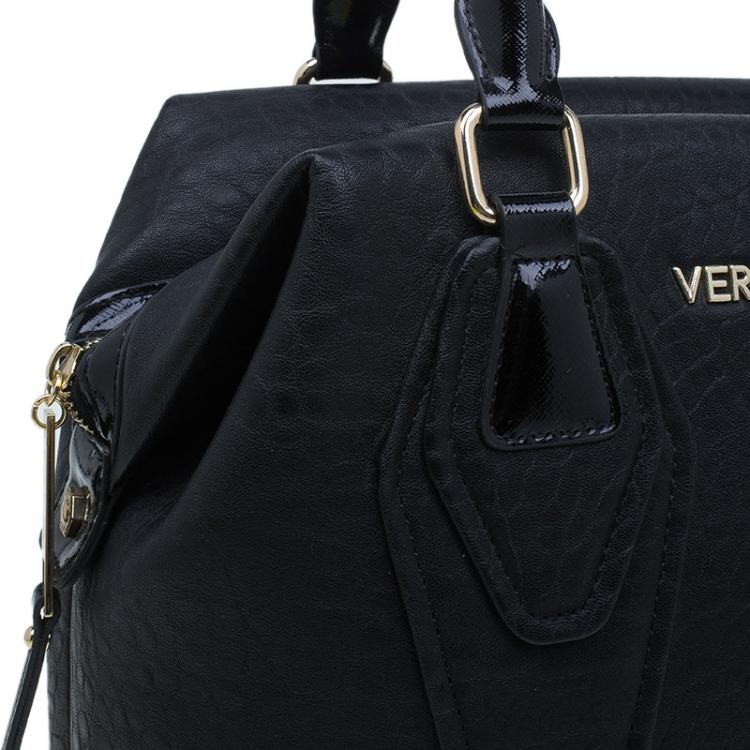 Pre Owned Versace Jeans Black Crinkled Leather Logo Charm Tote