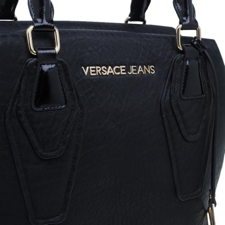 Pre Owned Versace Jeans Black Crinkled Leather Logo Charm Tote
