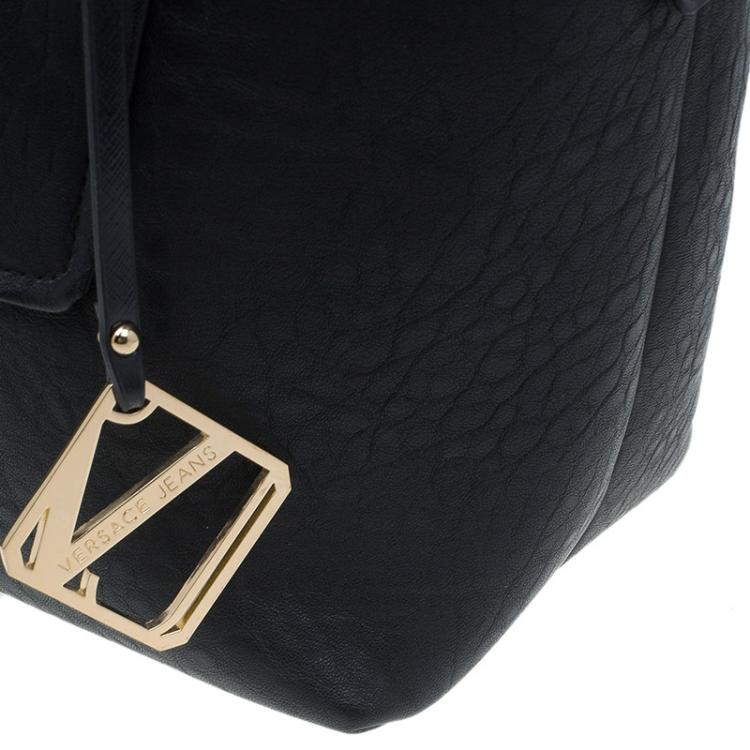 Pre Owned Versace Jeans Black Crinkled Leather Logo Charm Tote