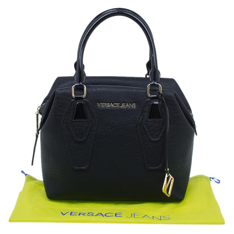 Pre Owned Versace Jeans Black Crinkled Leather Logo Charm Tote