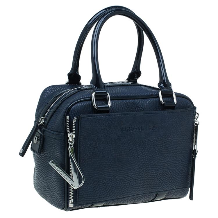 Pre Owned Versace Jeans Navy Blue Pebbled Leather Bowling Bag