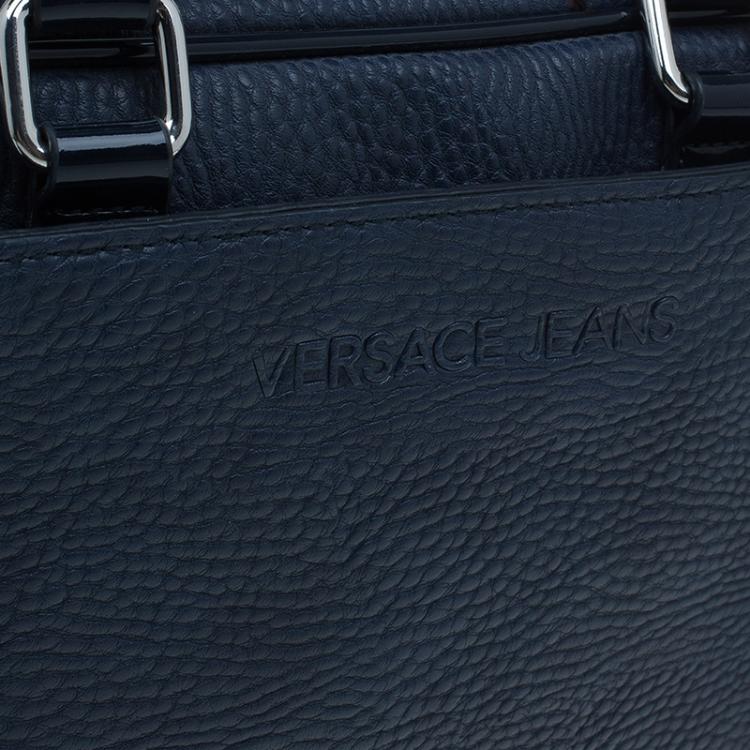 Pre Owned Versace Jeans Navy Blue Pebbled Leather Bowling Bag