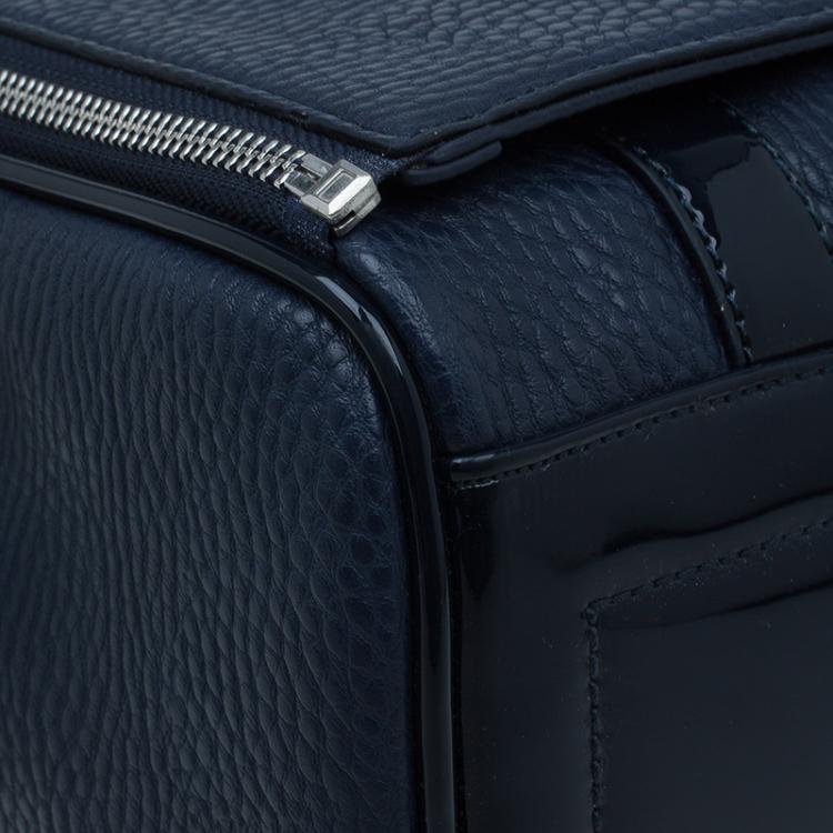 Pre Owned Versace Jeans Navy Blue Pebbled Leather Bowling Bag