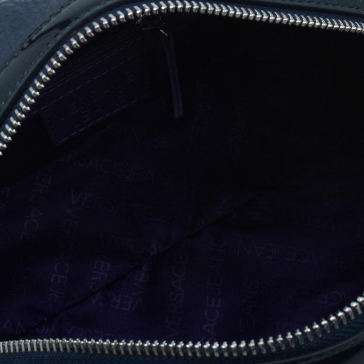 Pre Owned Versace Jeans Navy Blue Pebbled Leather Bowling Bag
