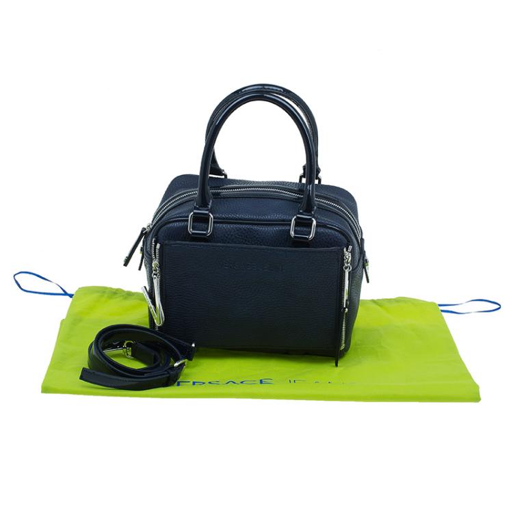 Pre Owned Versace Jeans Navy Blue Pebbled Leather Bowling Bag