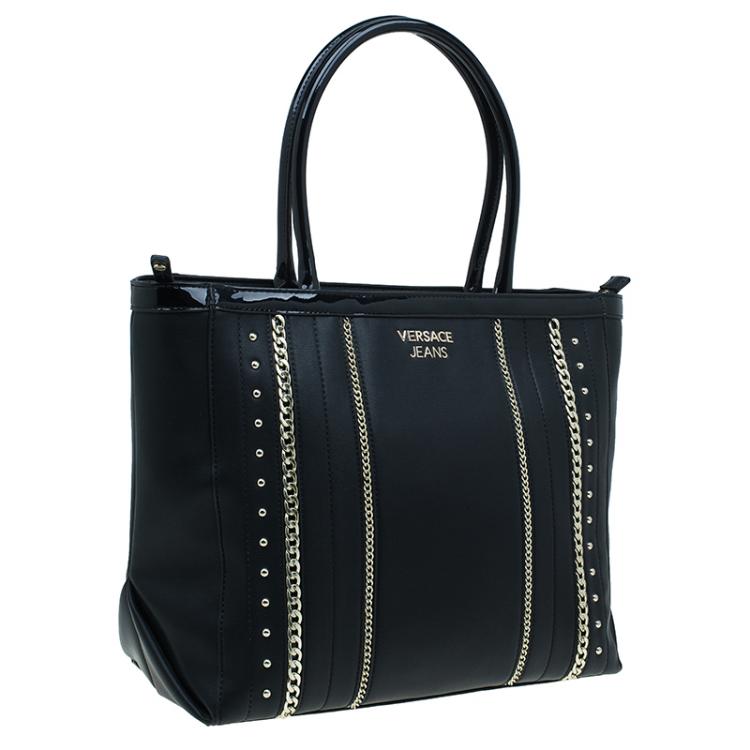 Pre Owned Versace Jeans Black Leather Large Chain Embellished Shopping Tote