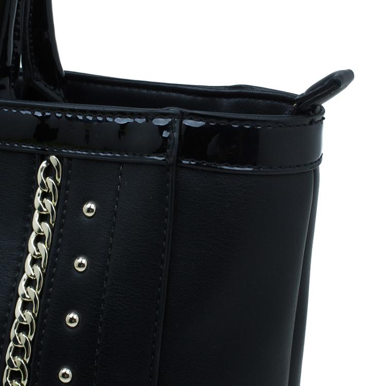 Pre Owned Versace Jeans Black Leather Large Chain Embellished Shopping Tote