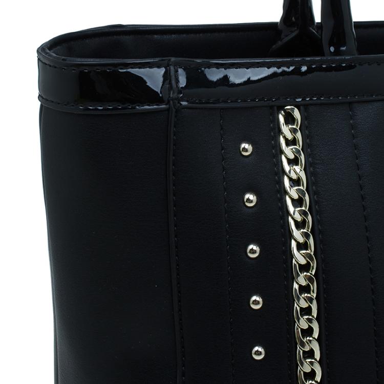 Pre Owned Versace Jeans Black Leather Large Chain Embellished Shopping Tote