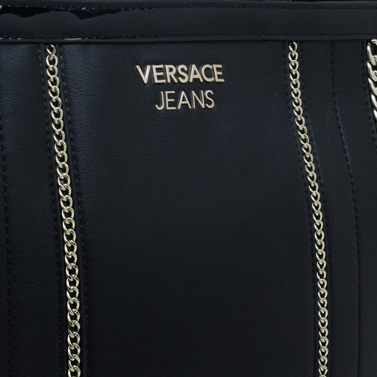 Pre Owned Versace Jeans Black Leather Large Chain Embellished Shopping Tote