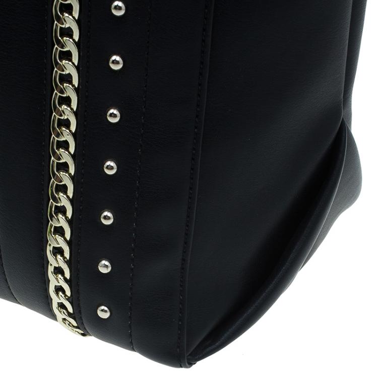 Pre Owned Versace Jeans Black Leather Large Chain Embellished Shopping Tote