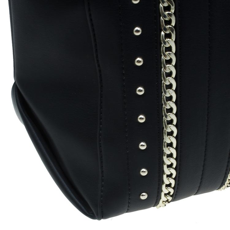 Pre Owned Versace Jeans Black Leather Large Chain Embellished Shopping Tote