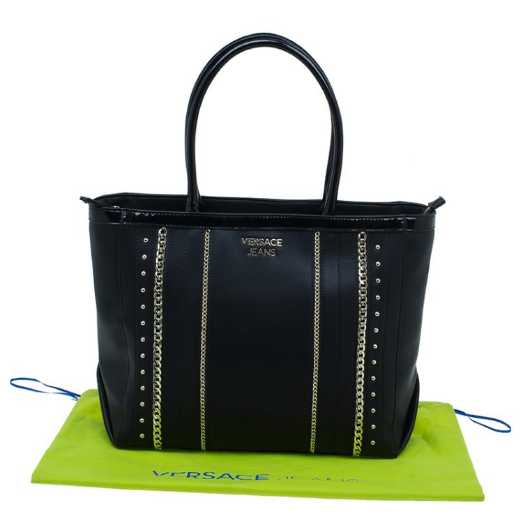 Pre Owned Versace Jeans Black Leather Large Chain Embellished Shopping Tote