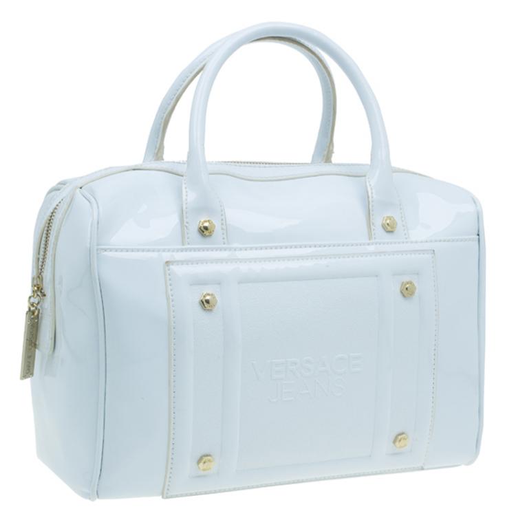 مملوكة مسبقًا Versace Jeans White Patent Leather Large Bowling Bag