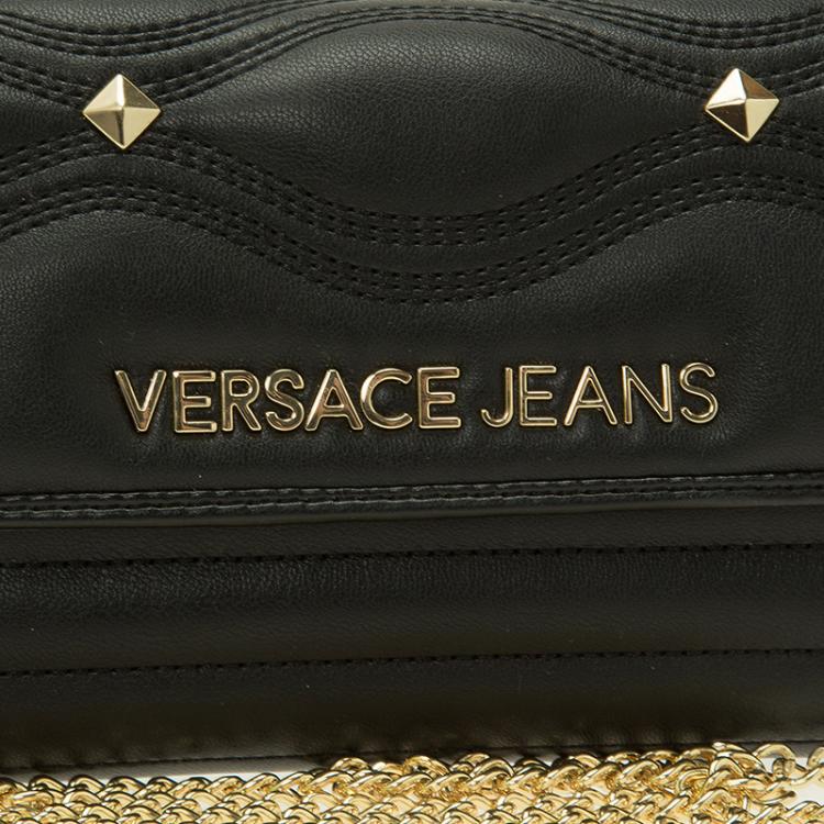 Pre Owned Versace Jeans Black Leather Diamond Stud Fold Over Wallet on Chain Bag