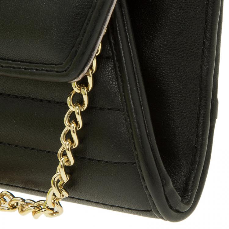 Pre Owned Versace Jeans Black Leather Diamond Stud Fold Over Wallet on Chain Bag