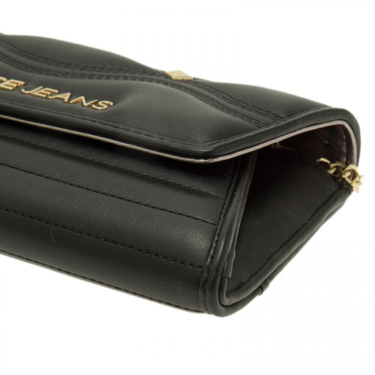 Pre Owned Versace Jeans Black Leather Diamond Stud Fold Over Wallet on Chain Bag