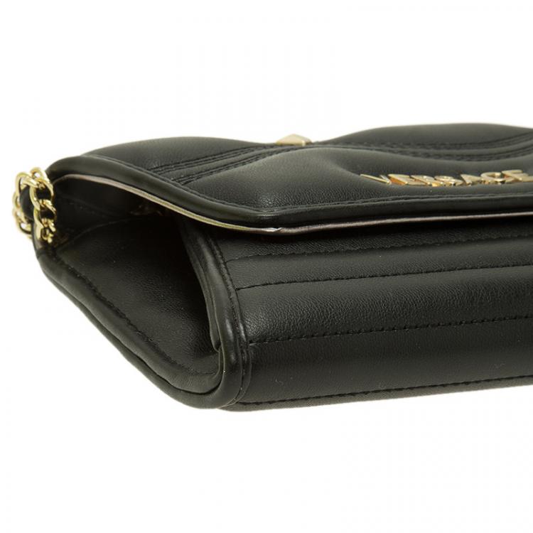 Pre Owned Versace Jeans Black Leather Diamond Stud Fold Over Wallet on Chain Bag