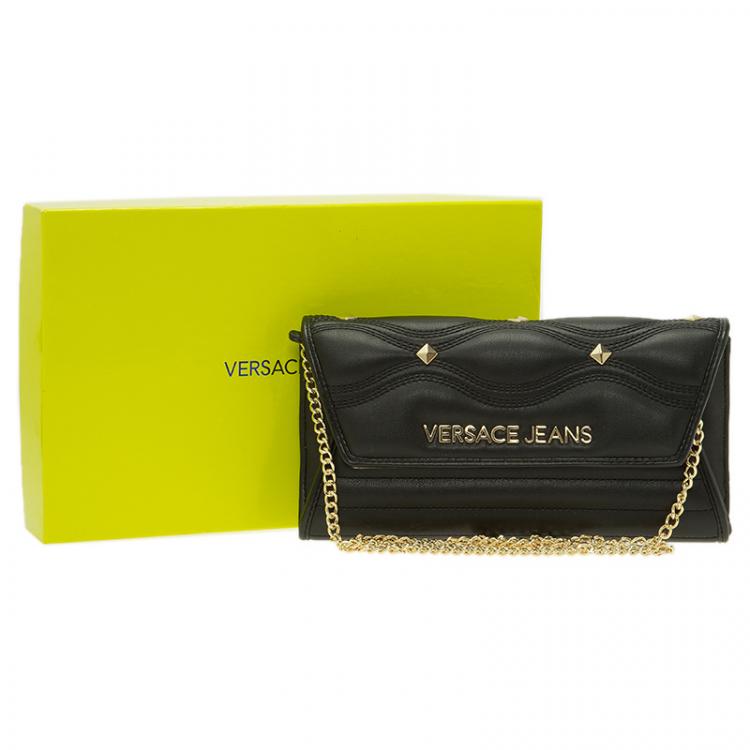 Pre Owned Versace Jeans Black Leather Diamond Stud Fold Over Wallet on Chain Bag