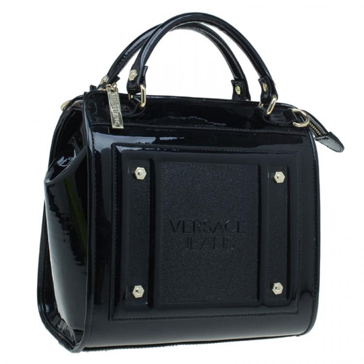 Pre Owned Versace Jeans Black Patent Leather Medium Box Top Handle Bag