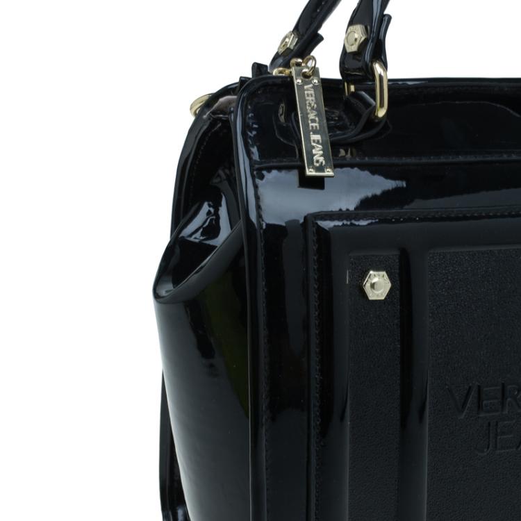 Pre Owned Versace Jeans Black Patent Leather Medium Box Top Handle Bag