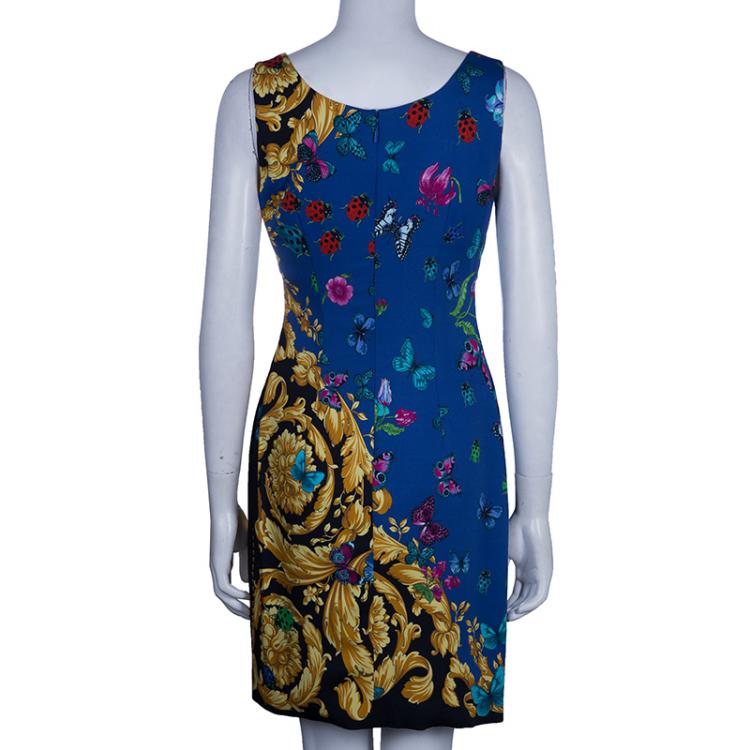 Pre Owned Versace Blue Floral Baroque Print Sleeveless Dress M