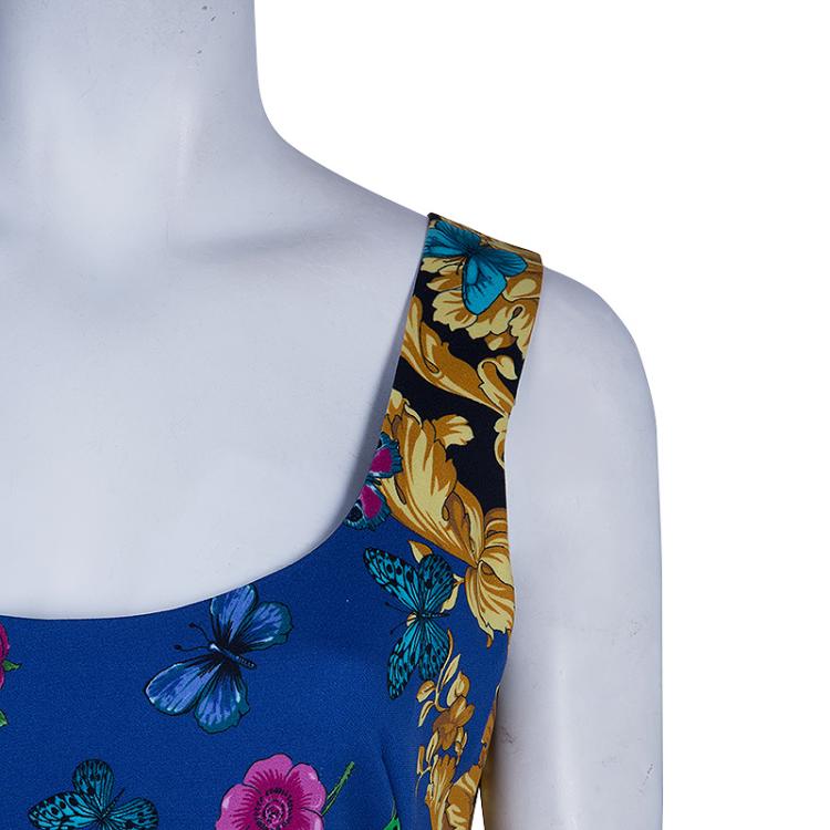 Pre Owned Versace Blue Floral Baroque Print Sleeveless Dress M