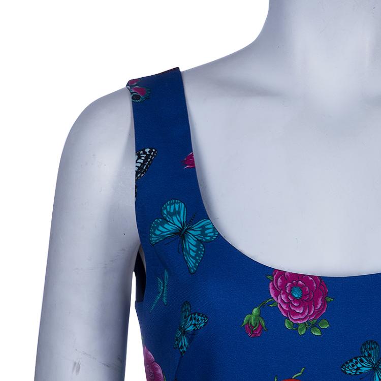 Pre Owned Versace Blue Floral Baroque Print Sleeveless Dress M