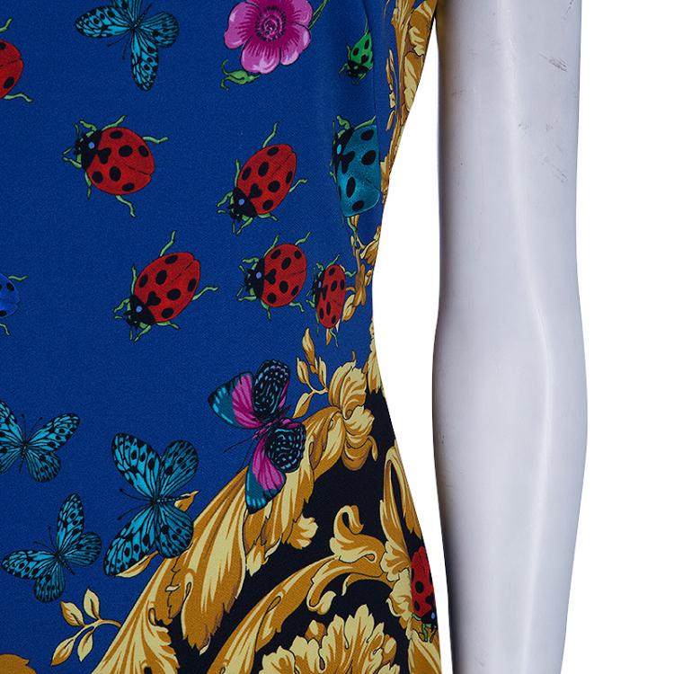 Pre Owned Versace Blue Floral Baroque Print Sleeveless Dress M