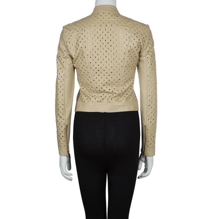 Pre Owned Versace Beige Eyelet Studded Leather Jacket S