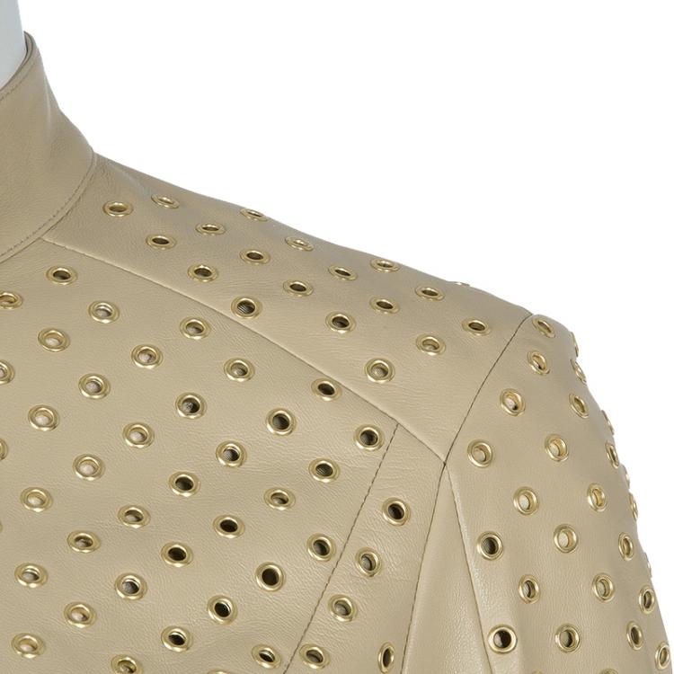 Pre Owned Versace Beige Eyelet Studded Leather Jacket S