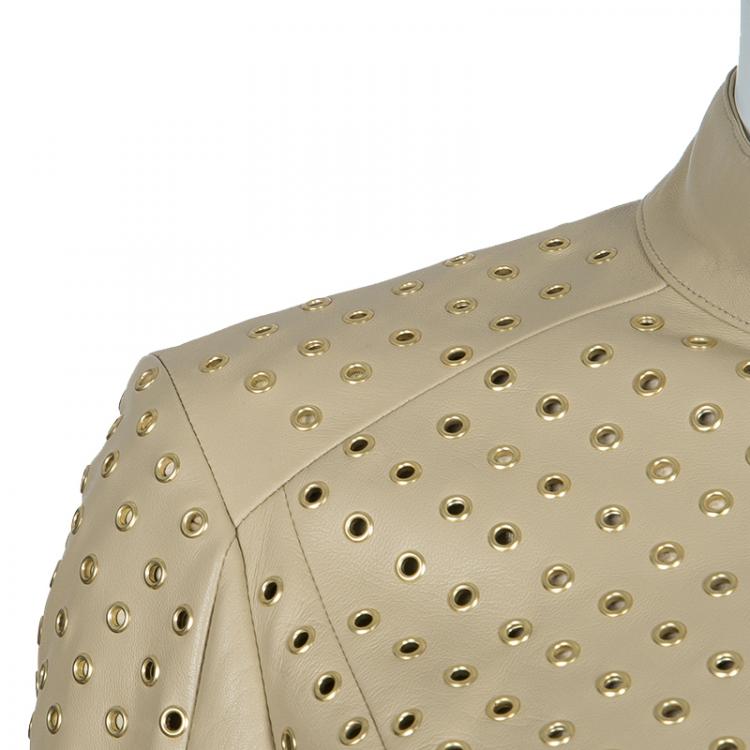 Pre Owned Versace Beige Eyelet Studded Leather Jacket S
