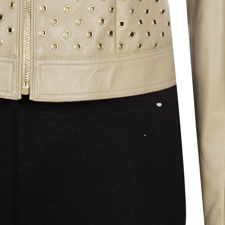 Pre Owned Versace Beige Eyelet Studded Leather Jacket S
