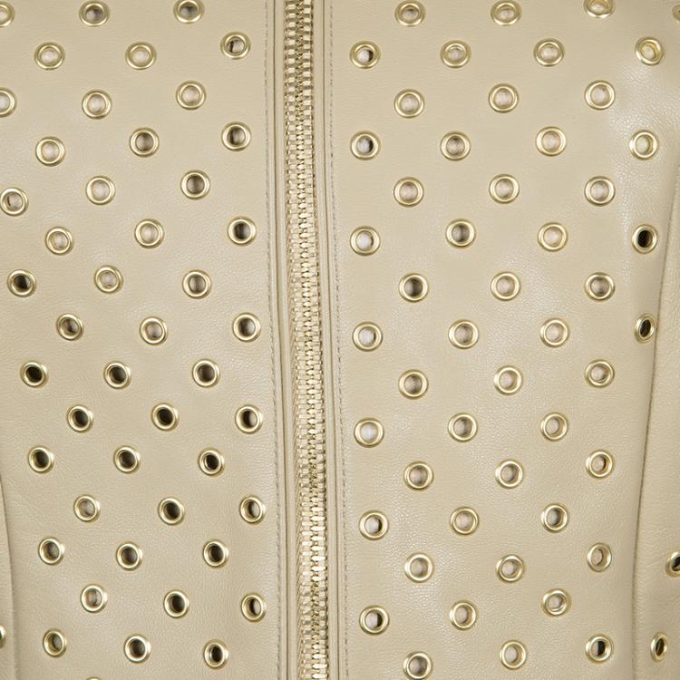 Pre Owned Versace Beige Eyelet Studded Leather Jacket S