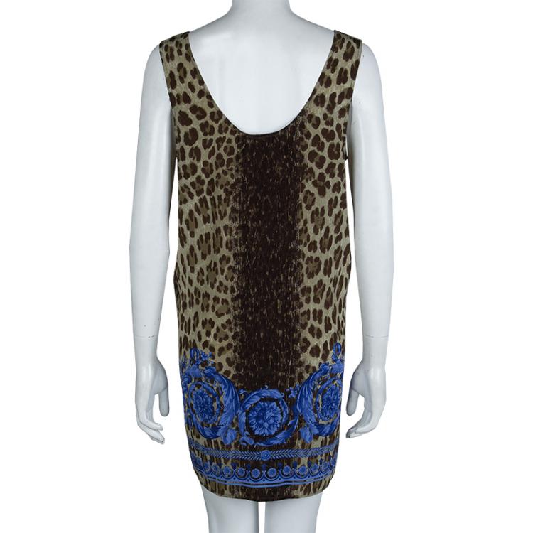Pre Owned Versace Blue Animal Print Sleeveless Silk Dress M