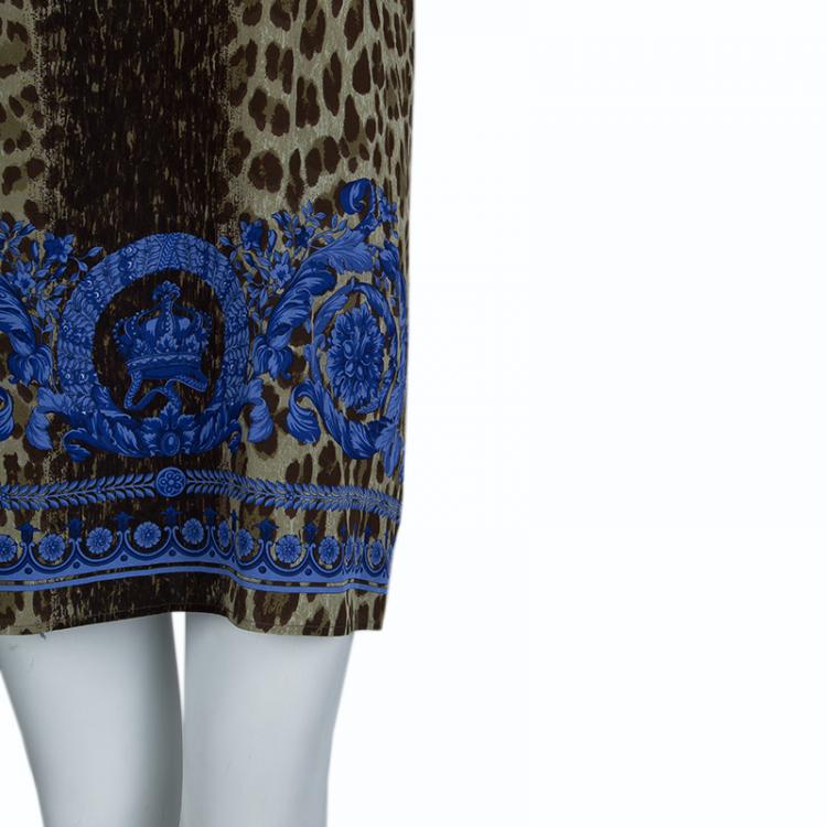 Pre Owned Versace Blue Animal Print Sleeveless Silk Dress M