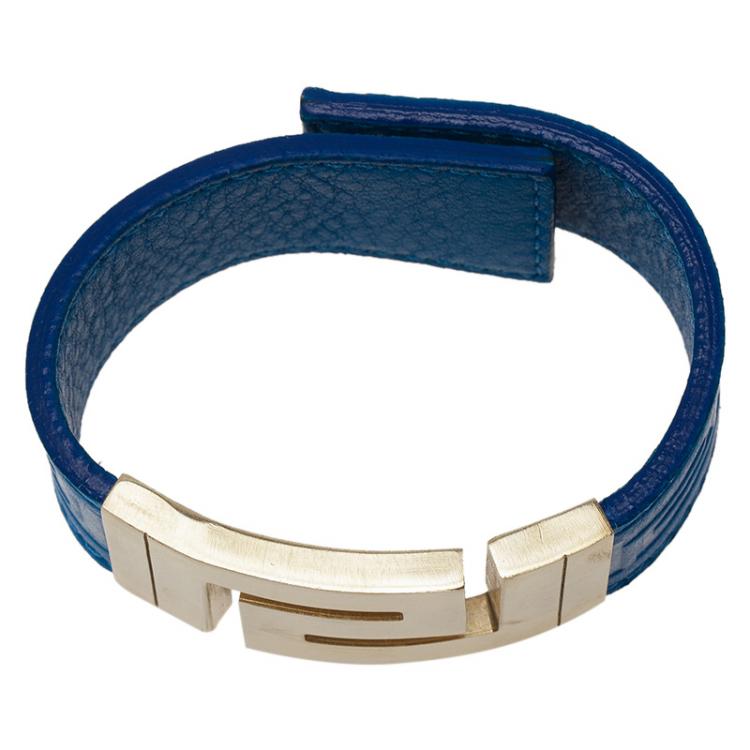 Pre Owned Versace Blue Leather Gold Tone Bracelet