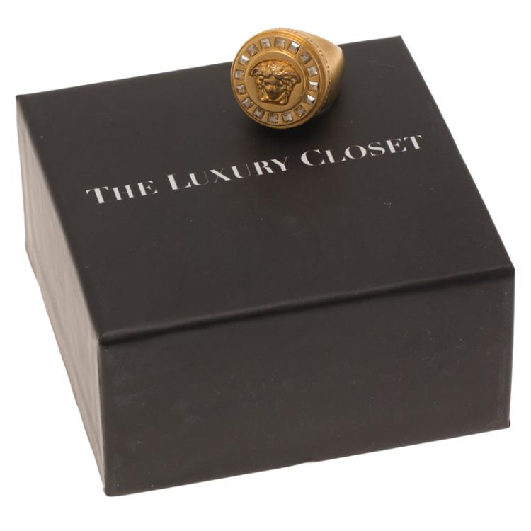 مملوكة مسبقًا Versace Icon Medusa Crystal Studded Gold Tone Ring Size 54
