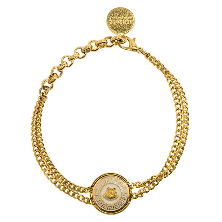 Pre Owned Versace Icon Medusa White Enamel Gold Tone Bracelet 