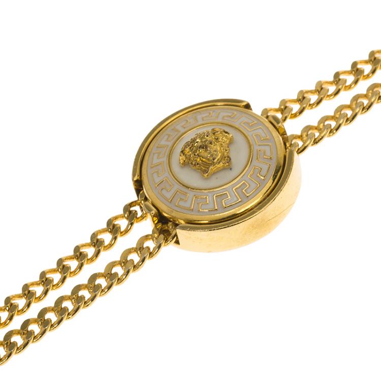 Pre Owned Versace Icon Medusa White Enamel Gold Tone Bracelet 