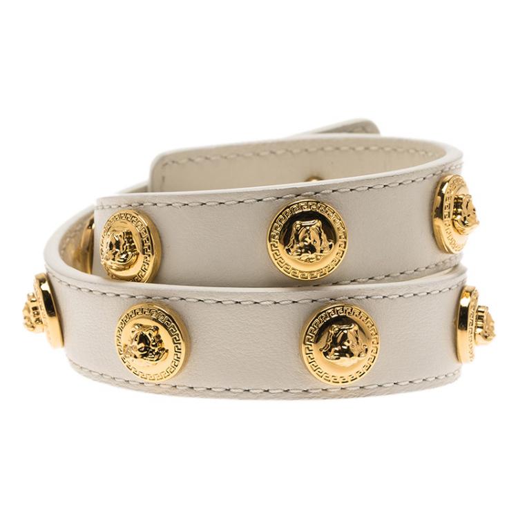 Pre Owned Versace Icon Medusa Stud Gold Tone White Leather Wrap Bracelet