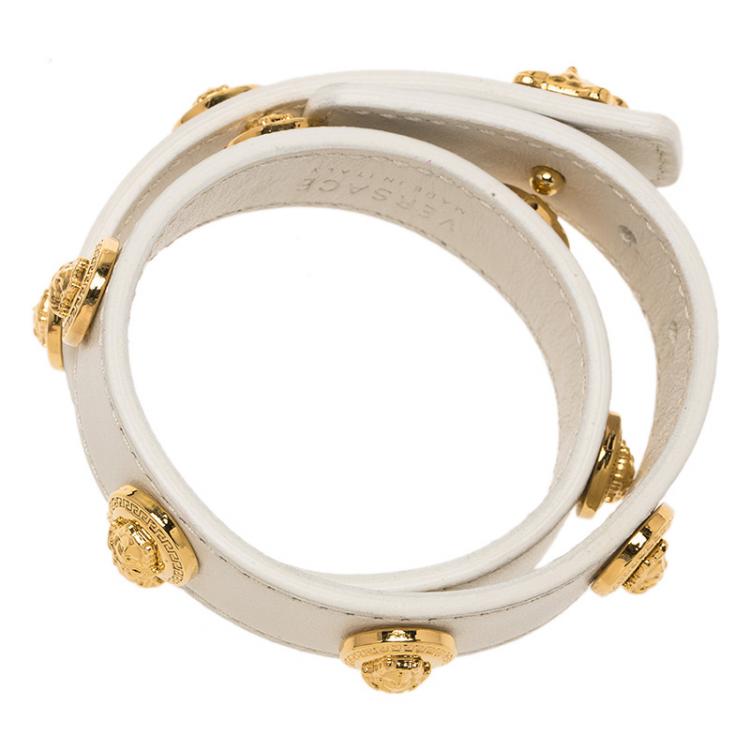 Pre Owned Versace Icon Medusa Stud Gold Tone White Leather Wrap Bracelet