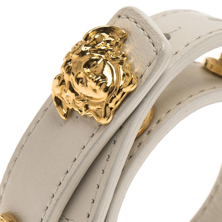 Pre Owned Versace Icon Medusa Stud Gold Tone White Leather Wrap Bracelet