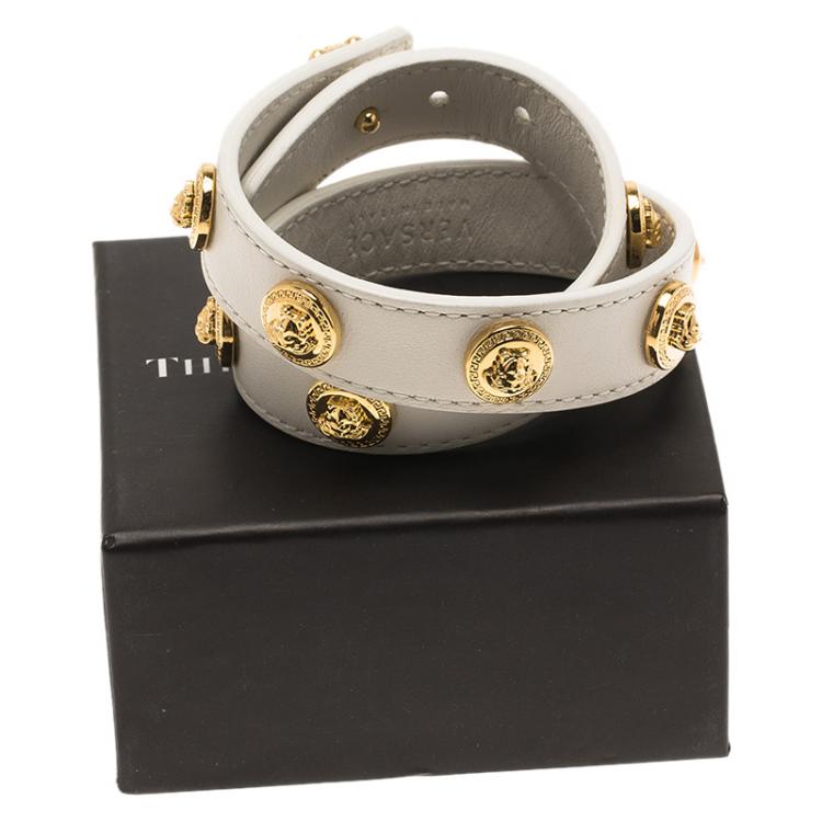 Pre Owned Versace Icon Medusa Stud Gold Tone White Leather Wrap Bracelet