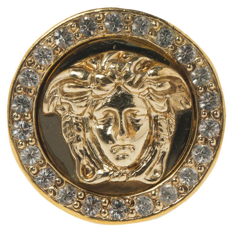 Pre Owned Versace Medusa Crystal Studded Gold Tone Ring Size 55