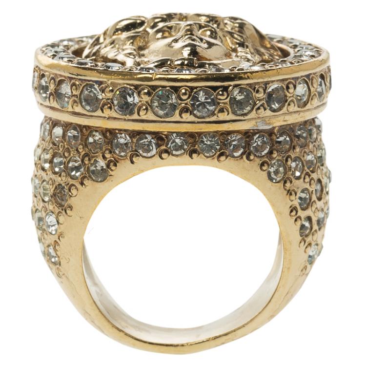 Pre Owned Versace Medusa Crystal Studded Gold Tone Ring Size 55