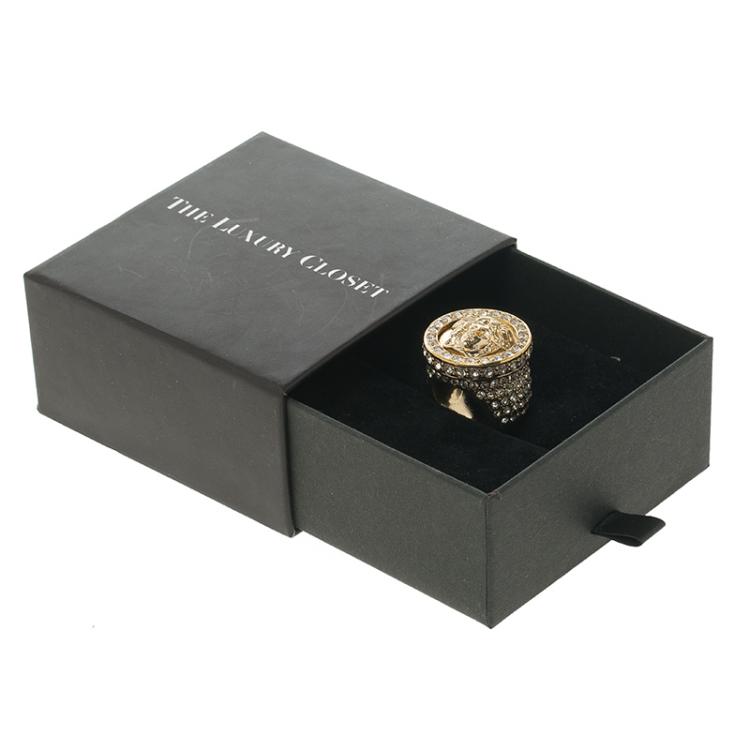 Pre Owned Versace Medusa Crystal Studded Gold Tone Ring Size 55